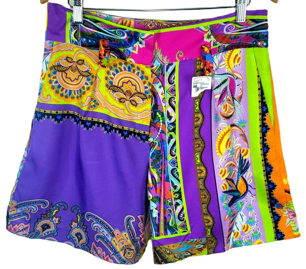 ETRO Milano KEARA 100% Silk Shorts in Multi Lila Pink Print Size L 46 US 10 NWT